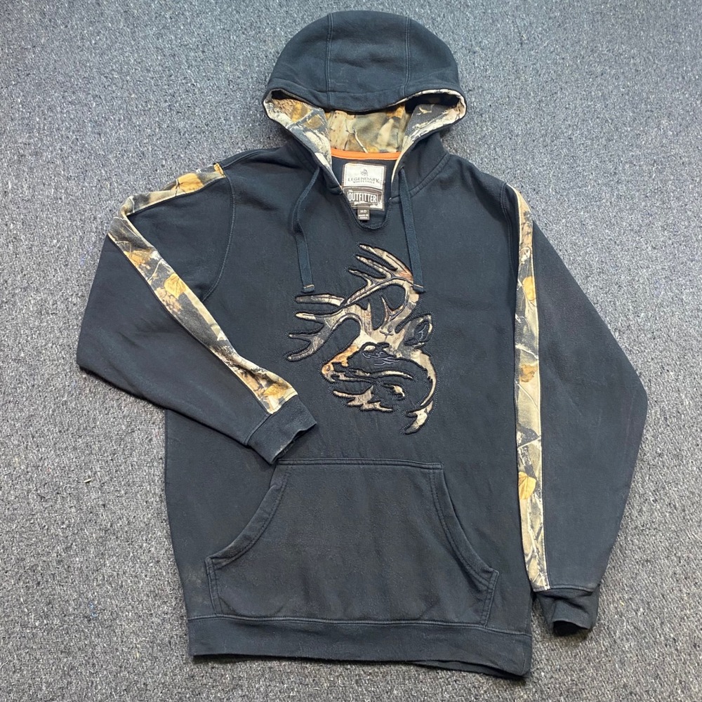 Legendary Whitetails Outfitter Hoodie Sz M Mens Black Camo Buck Logo Gorpcore